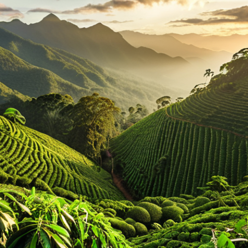 **Lush Ugandan coffee plantation nestled in the Rwenzori Mountains. Focus on vibrant green coffee cherries, mist hanging in the air, and traditional farming practices. Golden hour lighting. High detail.**