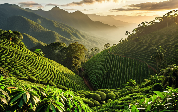 **Lush Ugandan coffee plantation nestled in the Rwenzori Mountains. Focus on vibrant green coffee cherries, mist hanging in the air, and traditional farming practices. Golden hour lighting. High detail.**