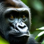 우간다 야생동물 사진 촬영 가이드 - **Prompt:** A majestic mountain gorilla sits calmly amidst the dense, vibrant green foliage of the B...