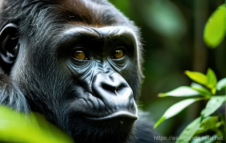 우간다 야생동물 사진 촬영 가이드 - **Prompt:** A majestic mountain gorilla sits calmly amidst the dense, vibrant green foliage of the B...