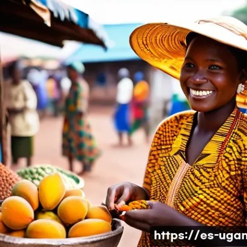 우간다에서 사용되는 스와힐리어 - **A vibrant Kampala marketplace scene.** A young Ugandan woman in colorful traditional dress is sell...