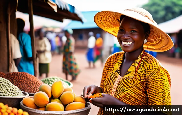 우간다에서 사용되는 스와힐리어 - **A vibrant Kampala marketplace scene.** A young Ugandan woman in colorful traditional dress is sell...