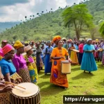 우간다 주요 공휴일 - A vibrant Ugandan Easter procession featuring diverse community members dressed in traditional color...