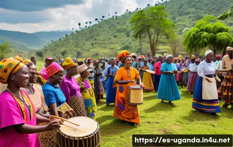 우간다 주요 공휴일 - A vibrant Ugandan Easter procession featuring diverse community members dressed in traditional color...