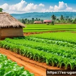 우간다의 유명 기업 - A vibrant Ugandan rural farming scene showcasing modern sustainable agricultural practices: farmers ...