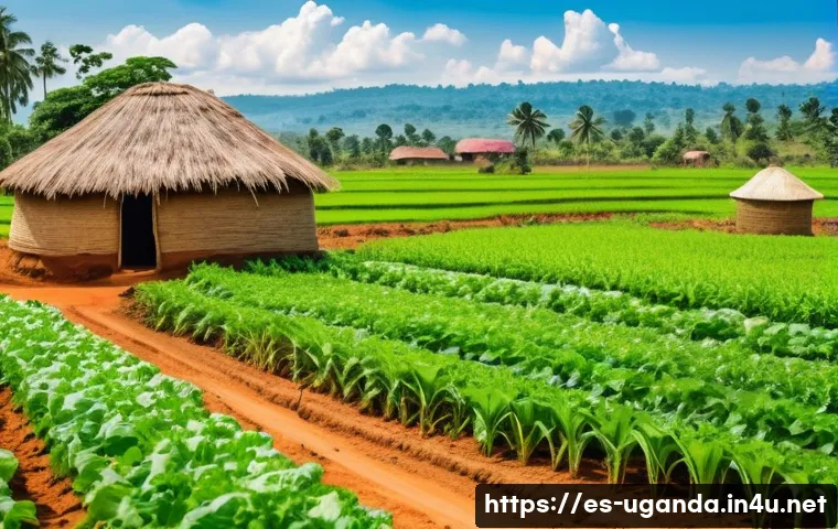 우간다의 유명 기업 - A vibrant Ugandan rural farming scene showcasing modern sustainable agricultural practices: farmers ...