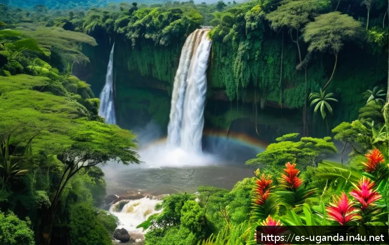 카루마 폭포의 역사 - A vibrant and lush tropical waterfall scene in Central Uganda along the Nile River, showcasing cryst...
