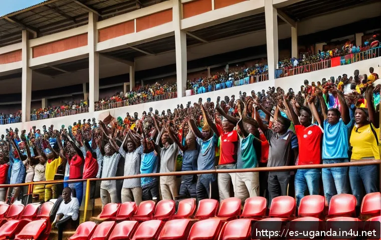 우간다 축구 리그 - A vibrant scene inside a renovated Ugandan football stadium filled with diverse families and groups ...